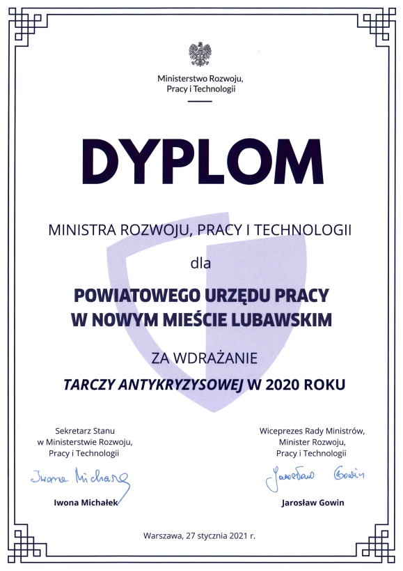 Dyplom MRPiT dla Powiatowego Urzędu Pracy w Nowym Mieście Lubawskim
