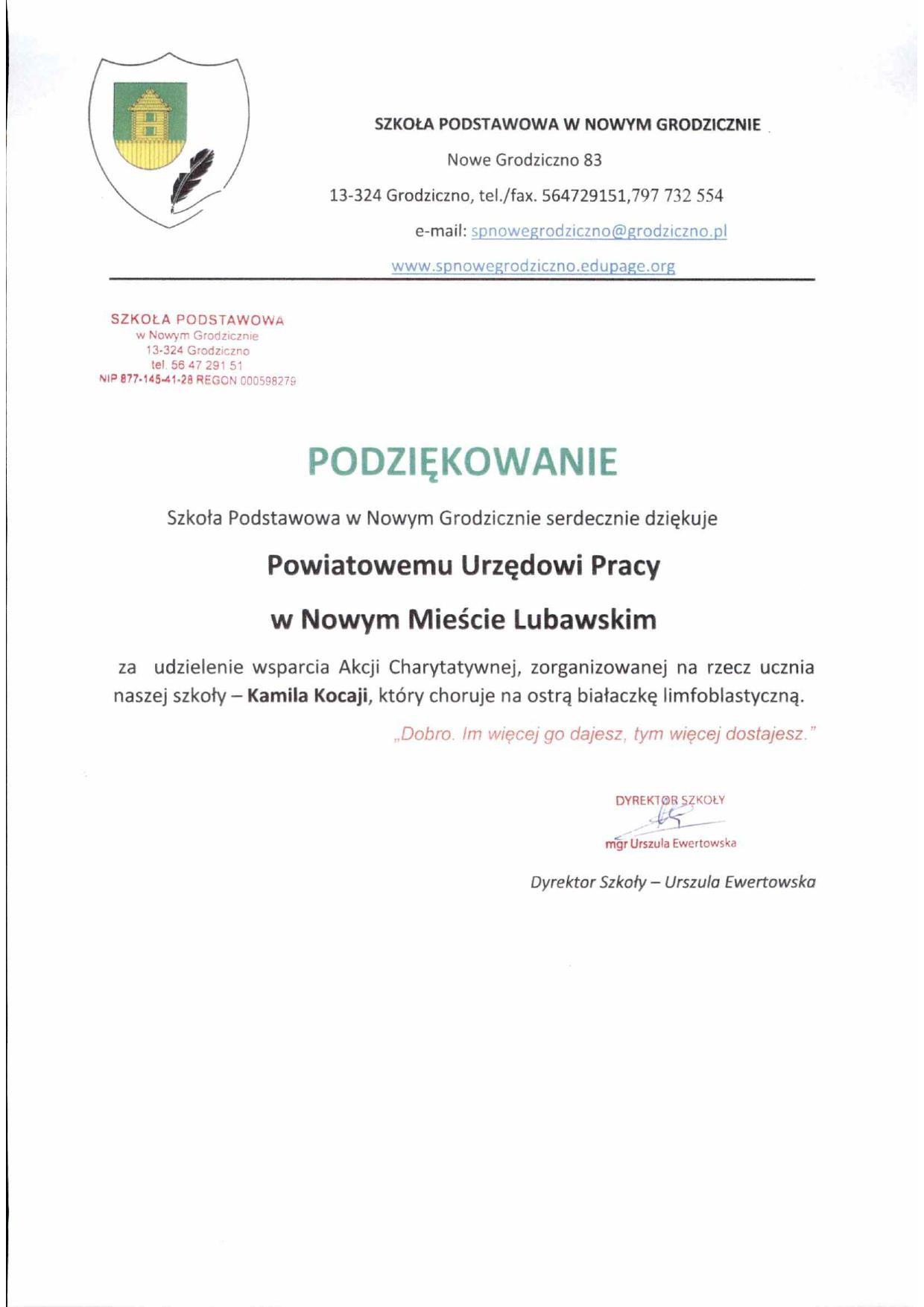 Podziękowanie za udzielenie wsparcia Akcji Charytatywnej