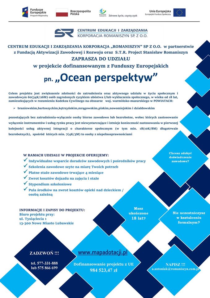 Zapraszamy do udziału w projekcie dofinansowanym z Funduszy Europejskich "Ocean perspektyw"