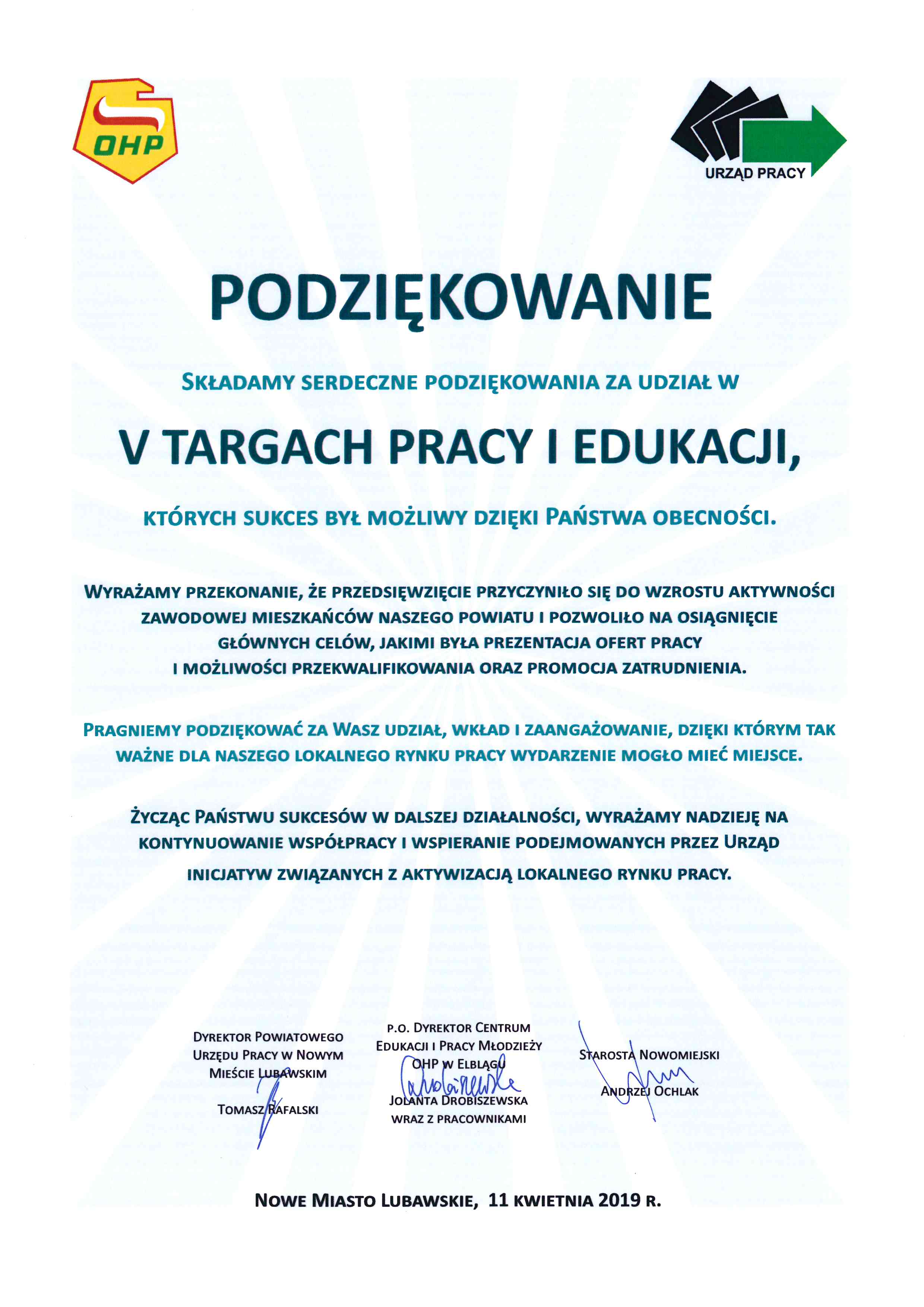 Podziękowanie za udział w V Targach Pracy i Edukacji - 2019r.